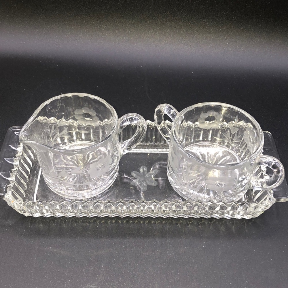 American Brilliant, Vintage Sugar / Creamer,  Wheel Cut, Floral Design with Tray